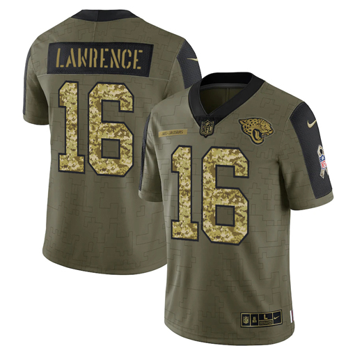 Men's Jacksonville Jaguars #16 Trevor Lawrence 2021 Olive Camo Salute To Service Limited Stitched Jersey